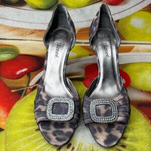 J. Renee Womens Size 9M Leopard Print Rhinestone Toe Buckle Peep-Toe Heels